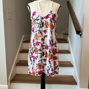 Floral Embroidered Sleeveless Dress - White with Multicolor Accents